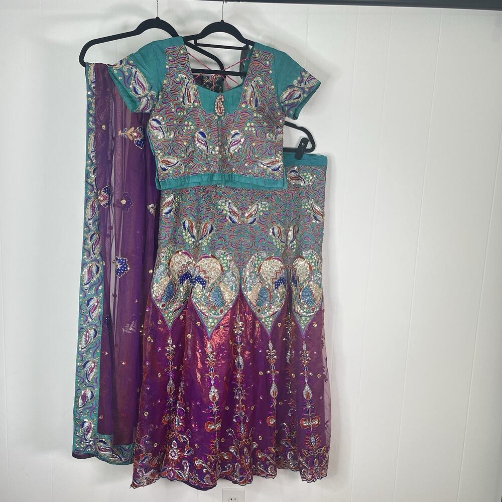 Indian Lehenga Choli Dupatta Set Teal Purple Sequin Embroidered Wedding Party